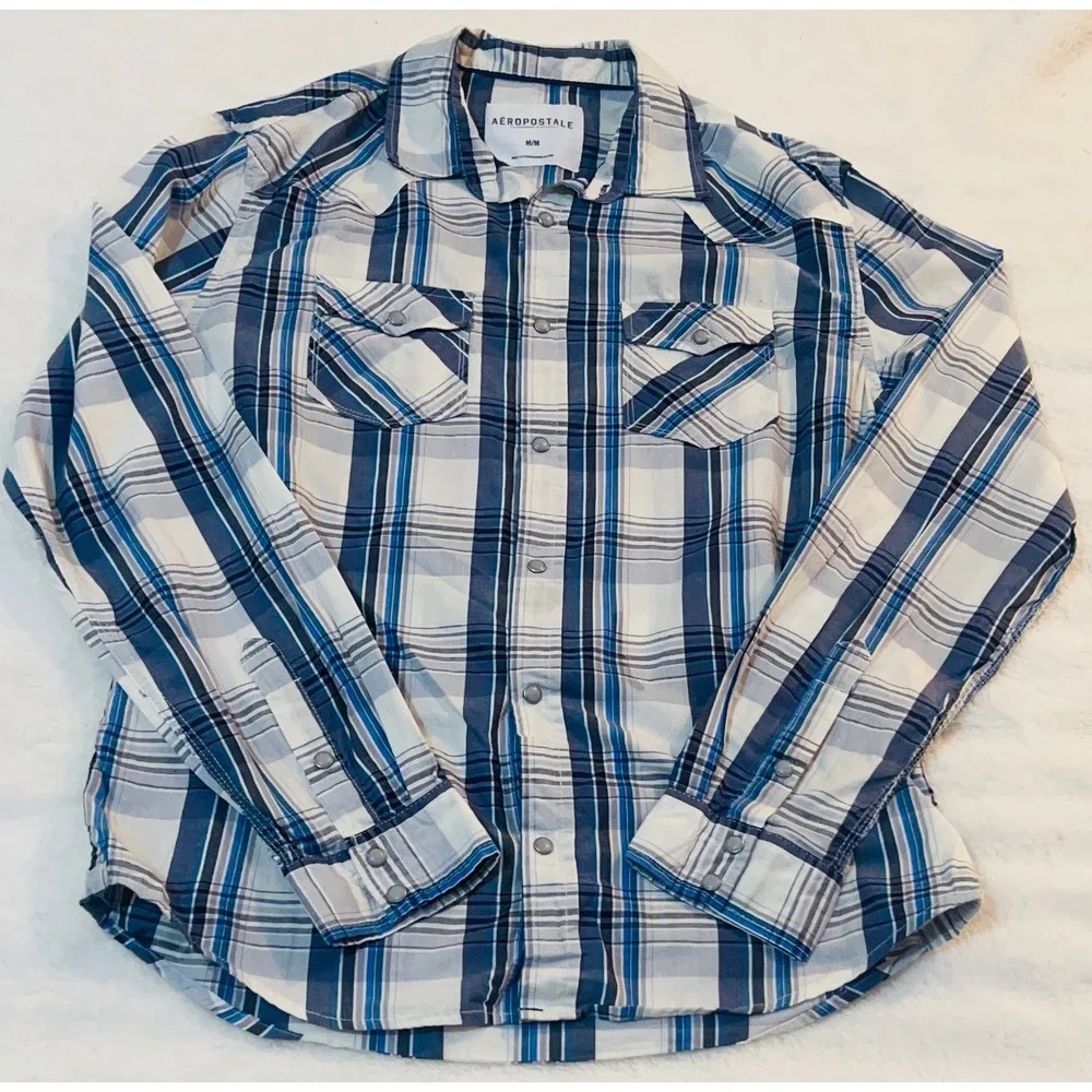 Aeropostale Mens Blue White Plaid Western Pearl Snap Button Down Shirt Medium